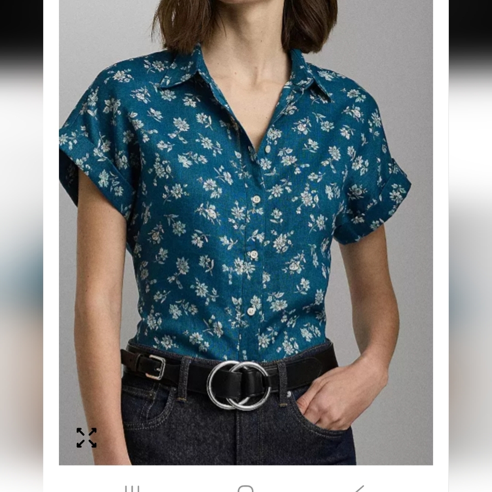 Teal Floral Button-Front Short Sleeve Shirt